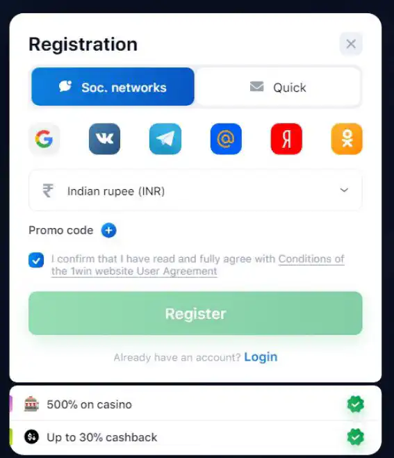 1win Registration by Socials