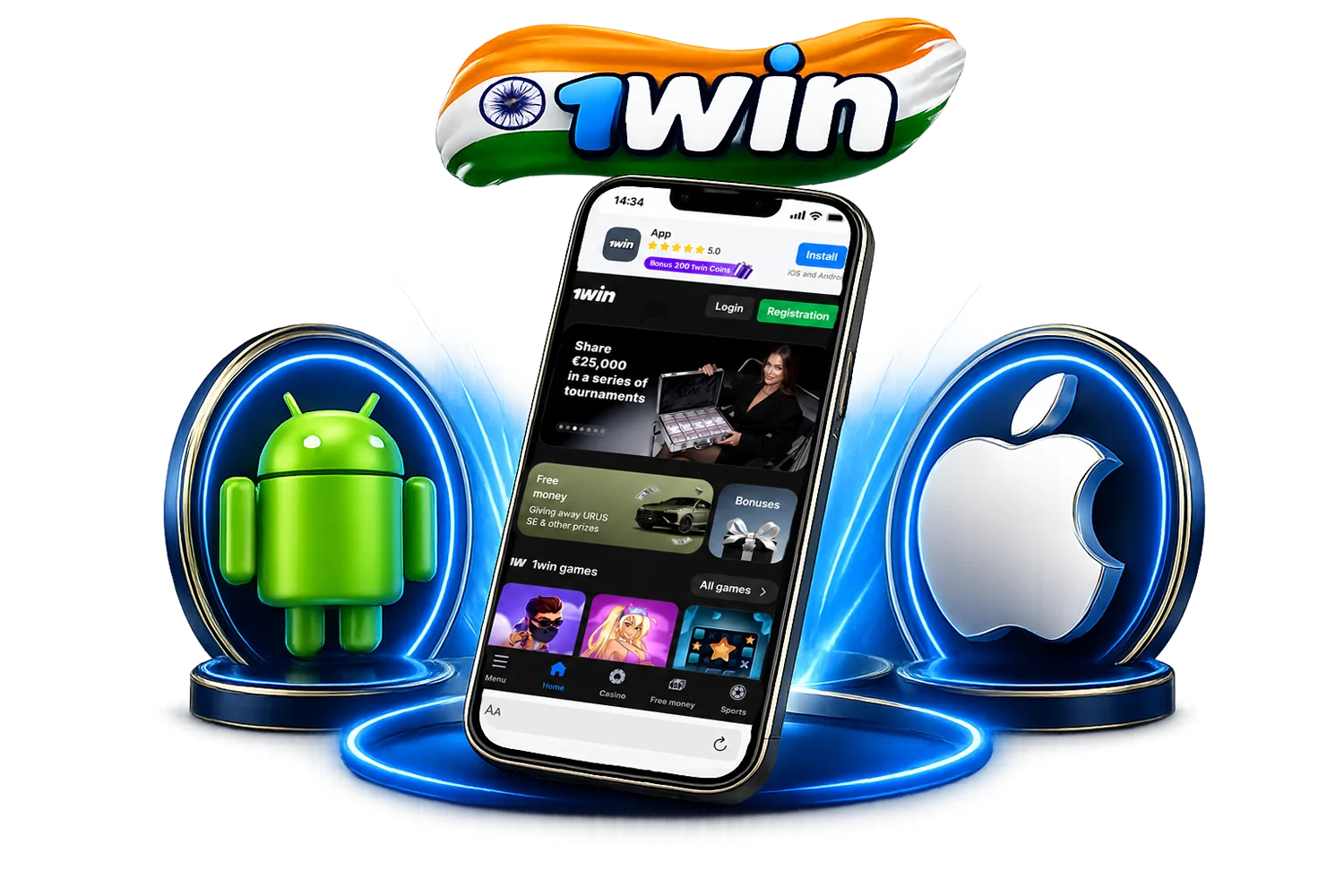 1win app download page graphic with a smartphone interface flanked by Android and Apple iOS logos