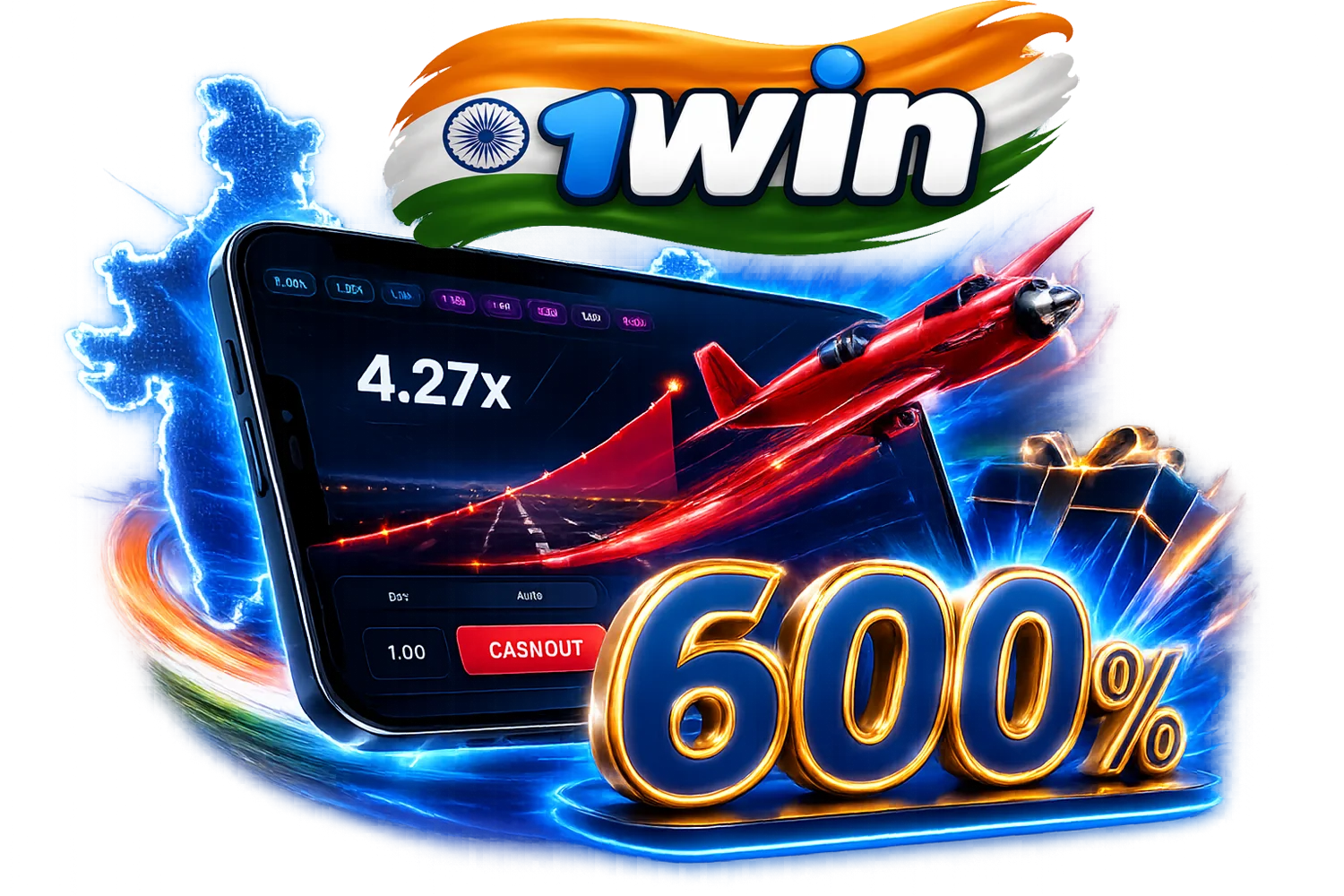 1win Aviator crash game interface on a digital screen with a flying red airplane and win multipliers
