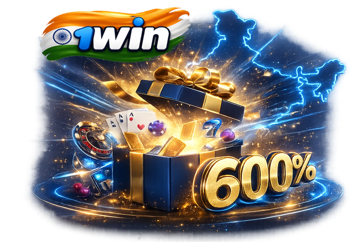 1win 600% welcome bonus promotion featuring an open glowing golden gift box overflowing with coins