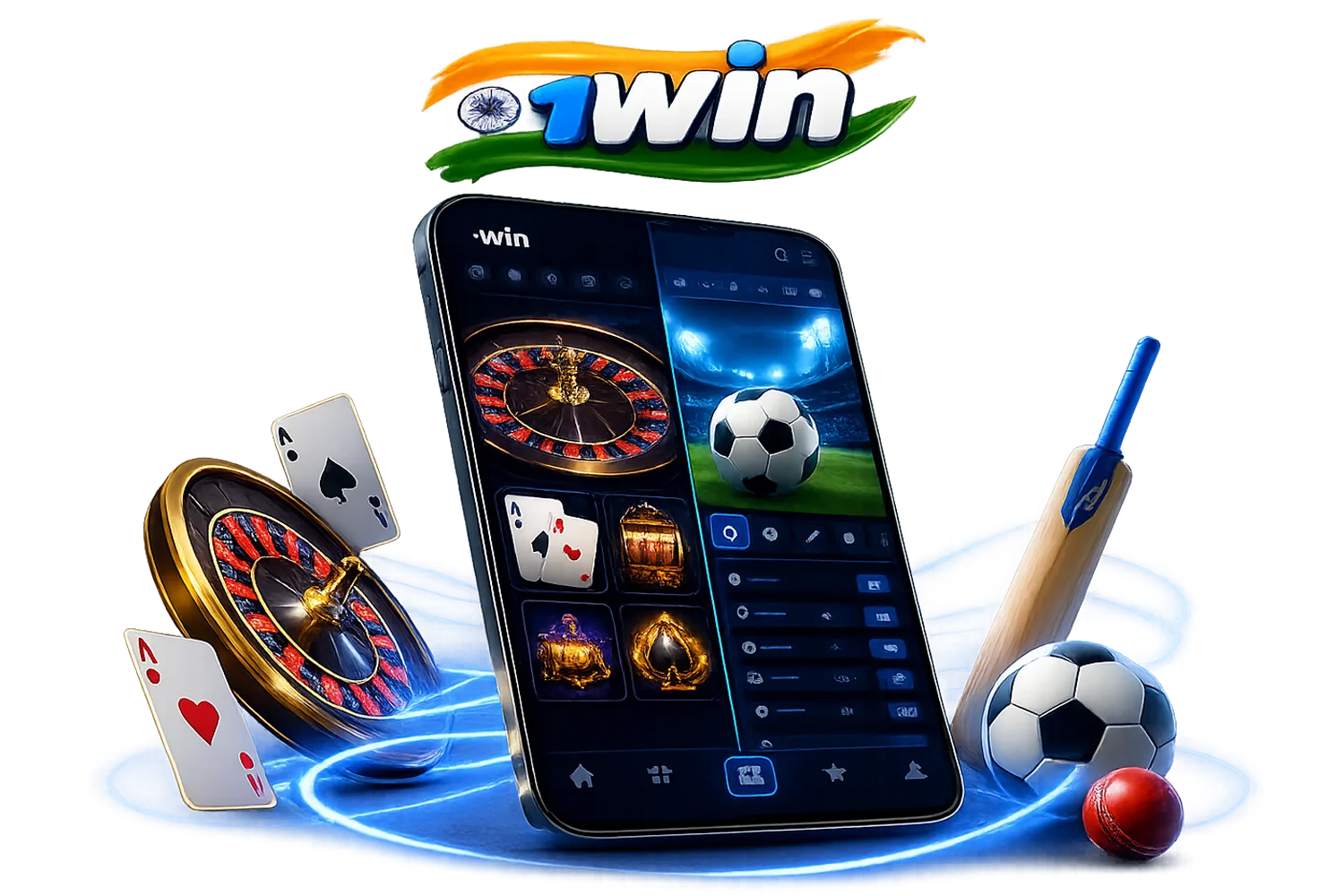 1win india website showing a smartphone with online casino roulette, playing cards, and sports betting elements