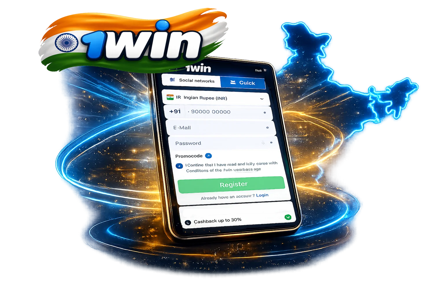 1win registration form displayed on a smartphone screen with glowing neon effects and regional map background
