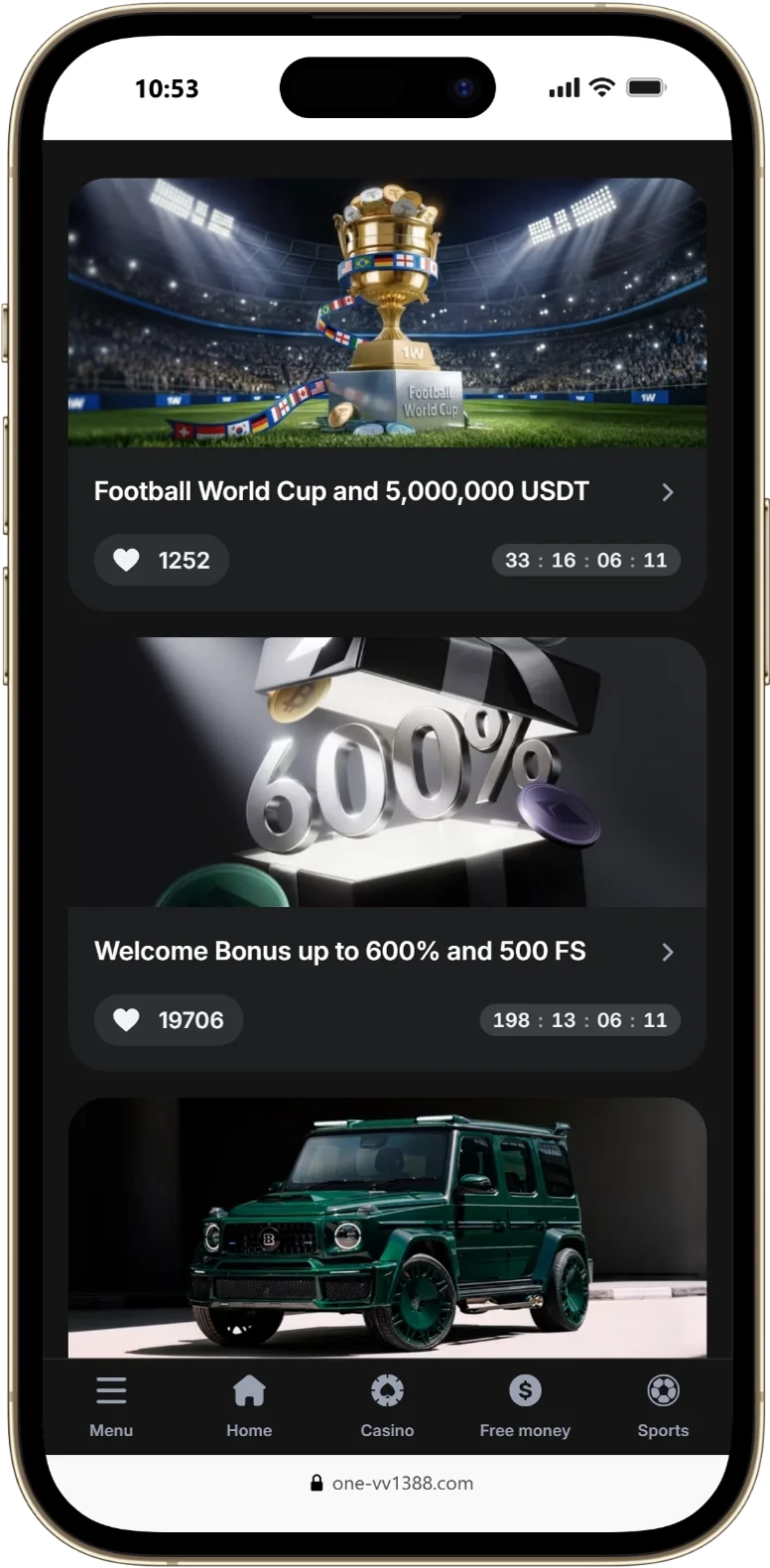 1win mobile app promotional screen showcasing active deposit offers and the 600 percent welcome bonus banner