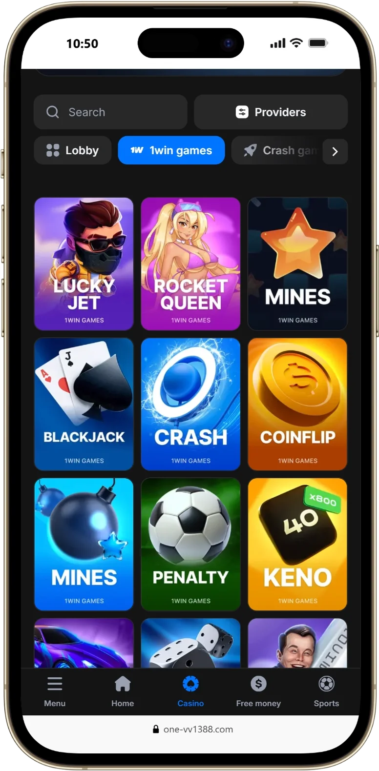 1win app casino games lobby interface displaying popular slots and instant games like Lucky Jet and Mines for players in India