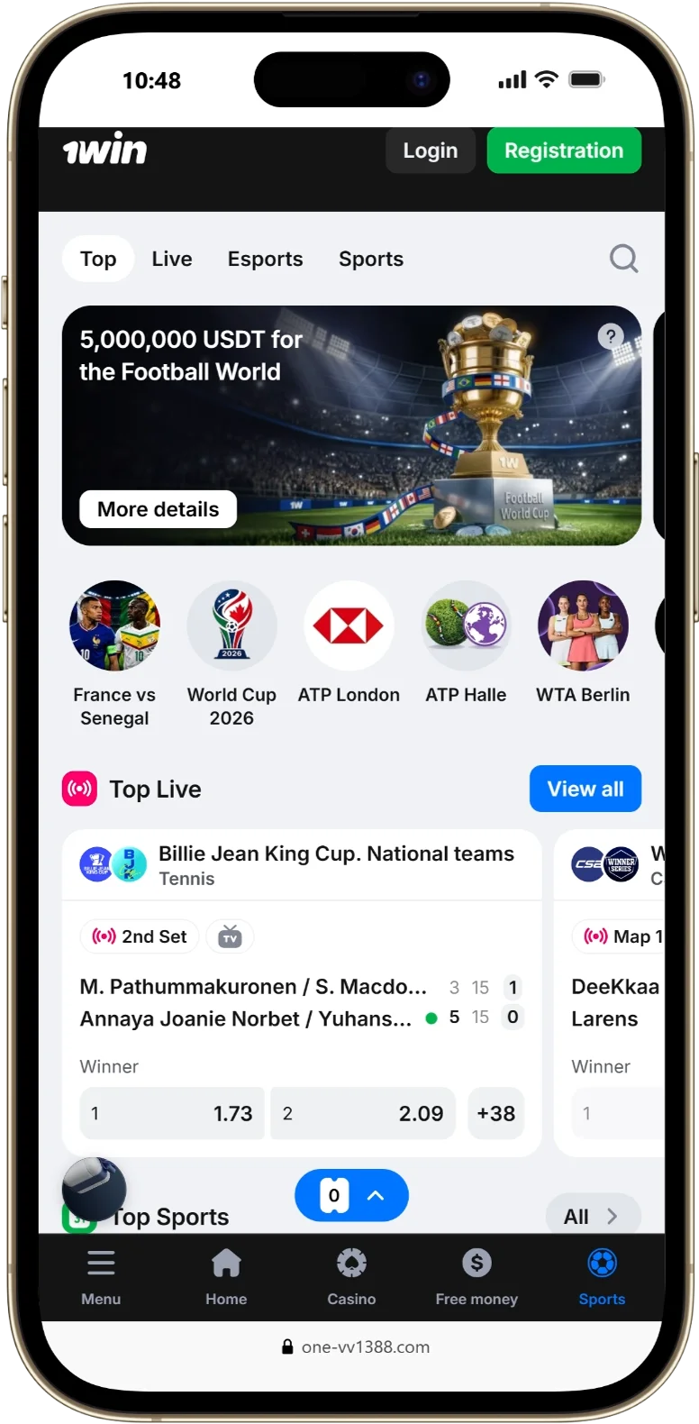 1win sportsbook live betting interface in the mobile app displaying top football and tennis match markets with live odds