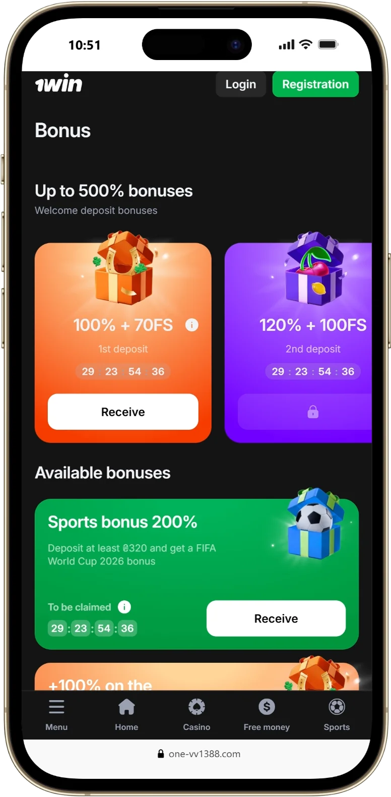 Available bonuses screen in the 1win APK showing deposit match rewards, free spins, and sports betting bonuses for Indian users