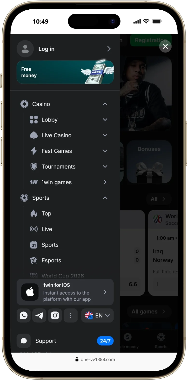 Main navigation menu sidebar of the 1win app interface displaying casino and sportsbook betting subcategories