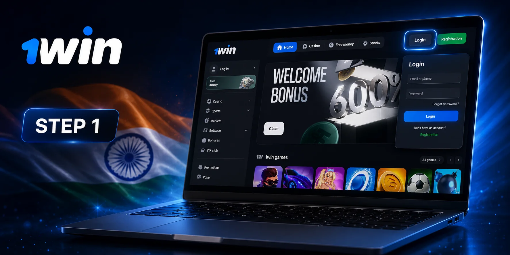 1win website login window and account access interface displayed on a laptop screen.