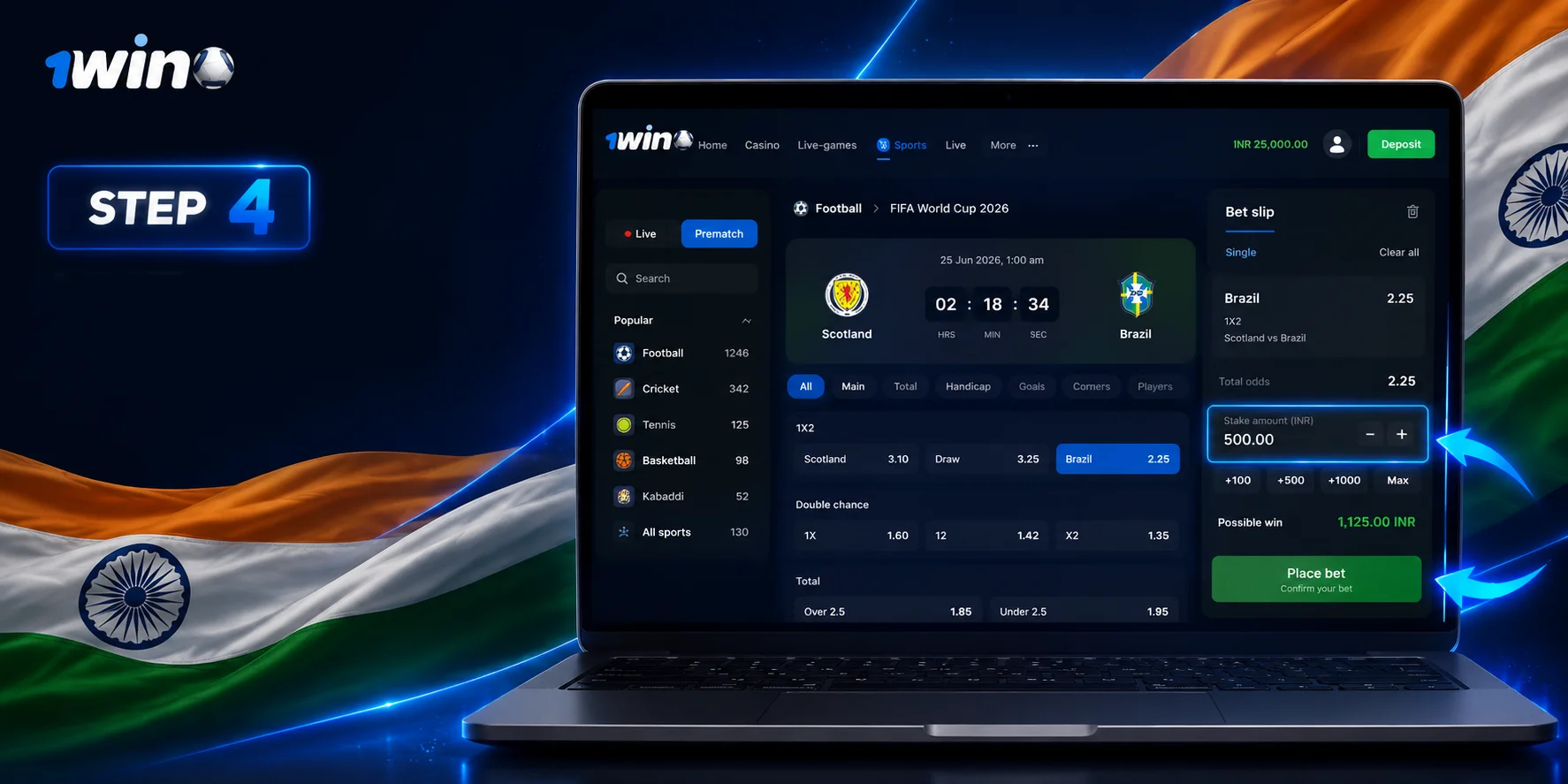 Entering the wager value inside the interactive 1win bet slip container.